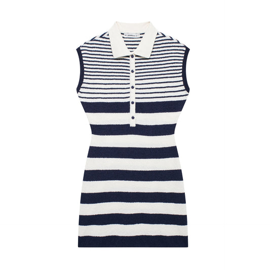 Sleeveless Striped Lapel Collar Slim Fit Knit Mini Dress