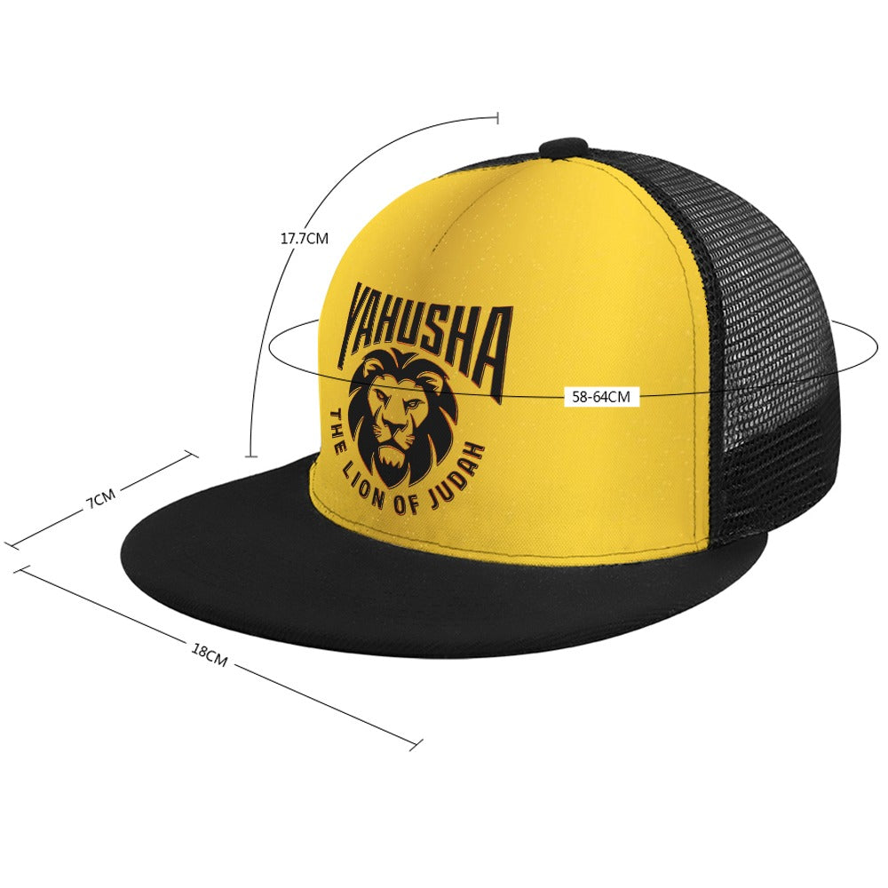 Yahusha-The Lion of Judah 02-02 Designer Flat Brim Trucker Cap with Black Mesh