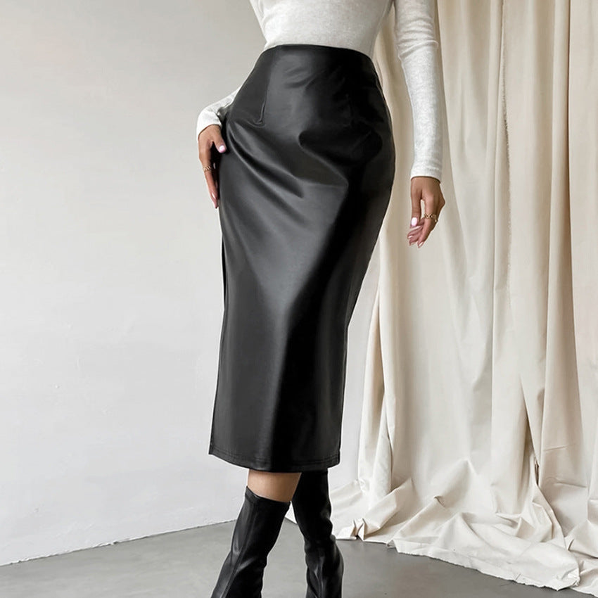 Black Commuter French PU Leather High Waist Split Pencil Midi Skirt