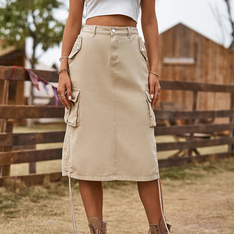 Solid Color Drawstring Cargo Midi Skirt (4 colors)