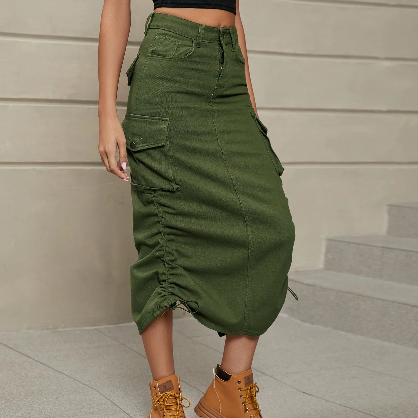 Drawstring Ruched Denim Cargo Midi Skirt (3 colors)