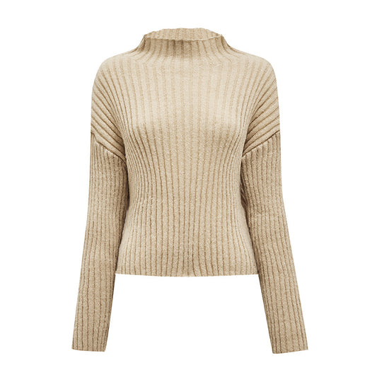 Beige Mock Neck Knit Women's Sweater