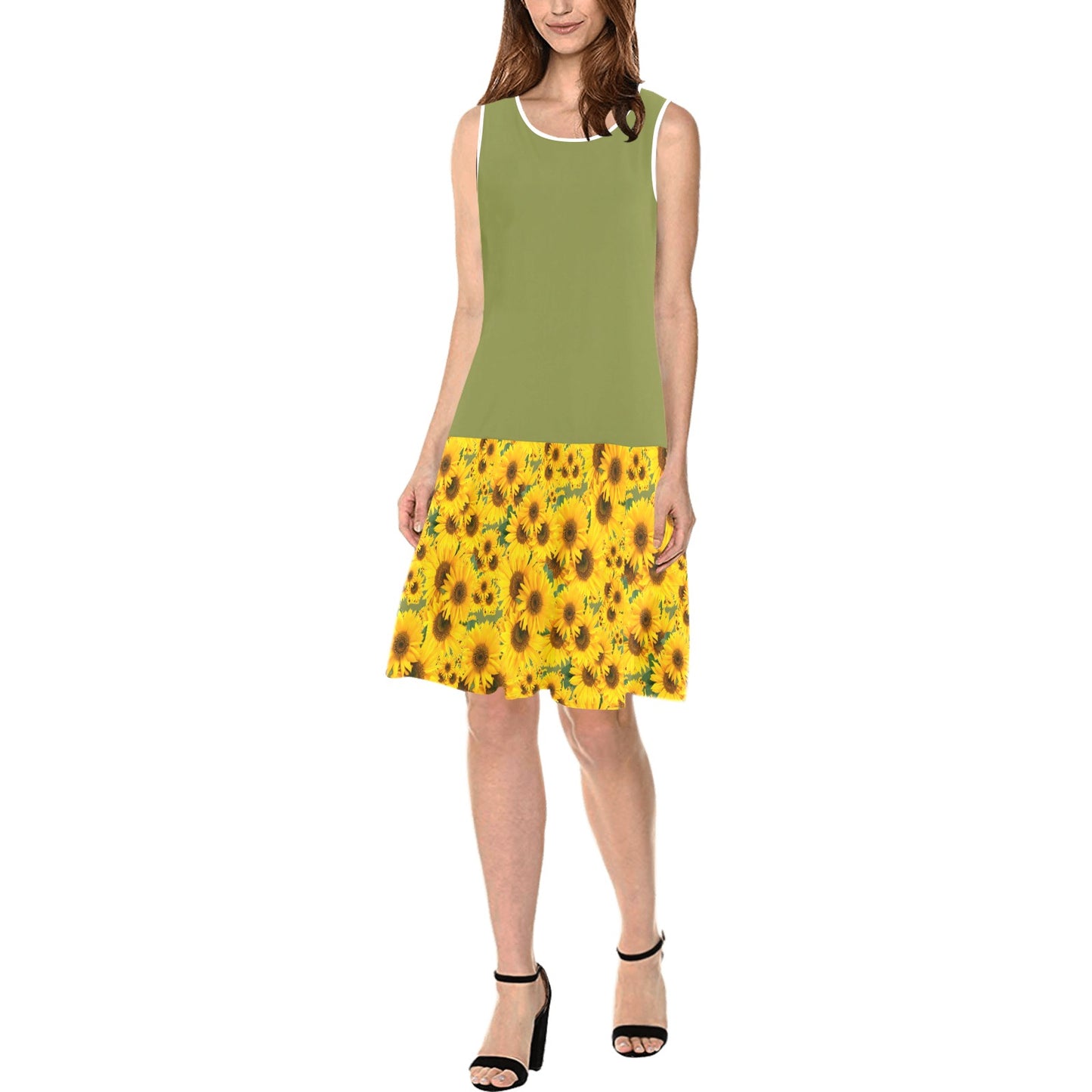 TRP Floral Print 04: Sunflowers 01 Designer Sleeveless Splicing Shift Dress (5 colors)