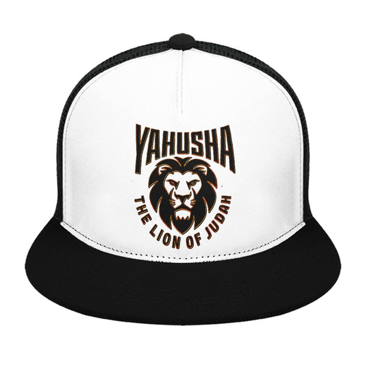 Yahusha-The Lion of Judah 02-01 Designer Flat Brim Trucker Cap with Black Mesh