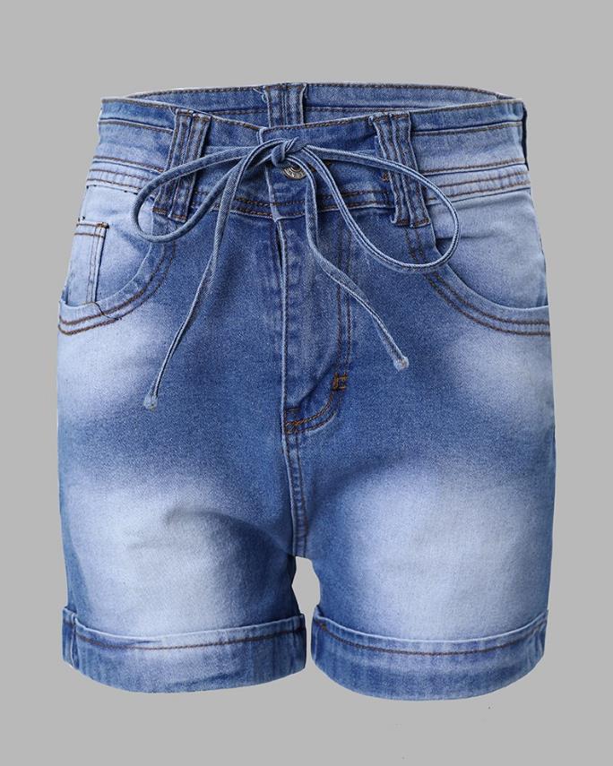 Drawstring High Waist Roll Cuff Denim Skinny Shorts