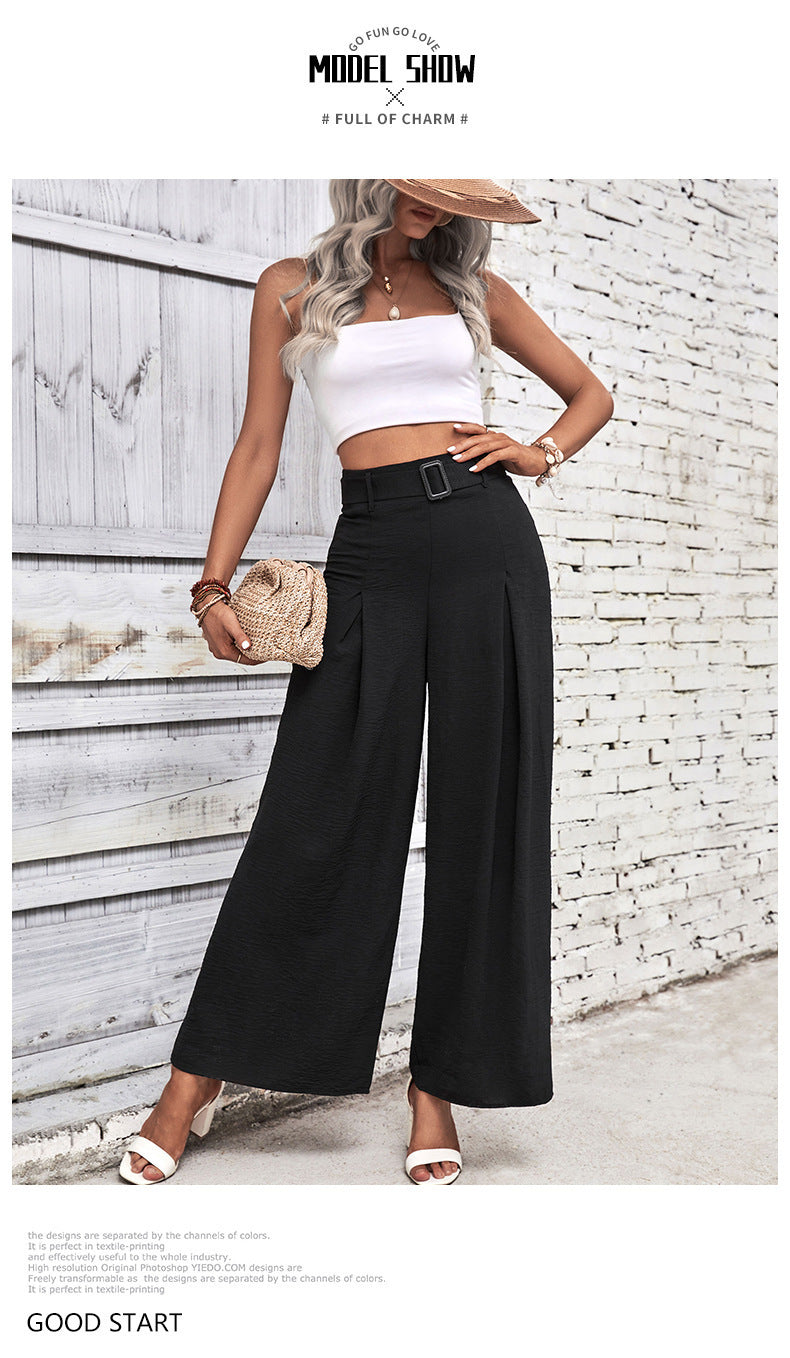 Buckle Belted Pleated High Waist Wide Leg Pants (4 colors)