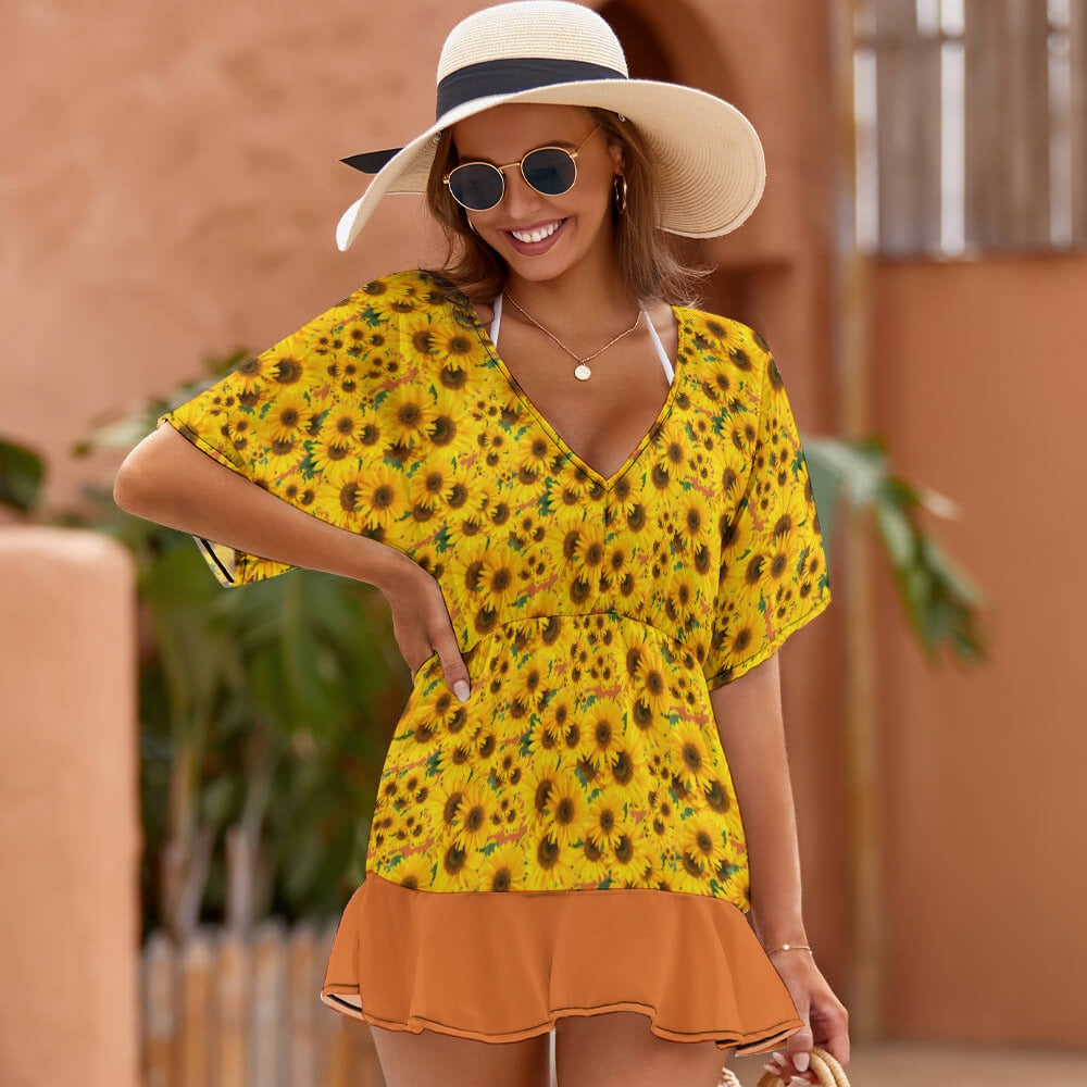 TRP Floral Print 04: Sunflowers 01 Designer Smocked Ruffle Hem Dress (3 colors)