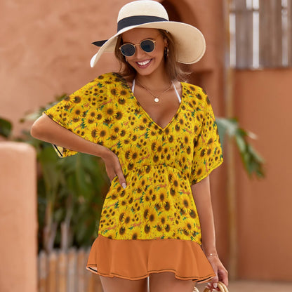 TRP Floral Print 04: Sunflowers 01 Designer Smocked Ruffle Hem Dress (3 colors)