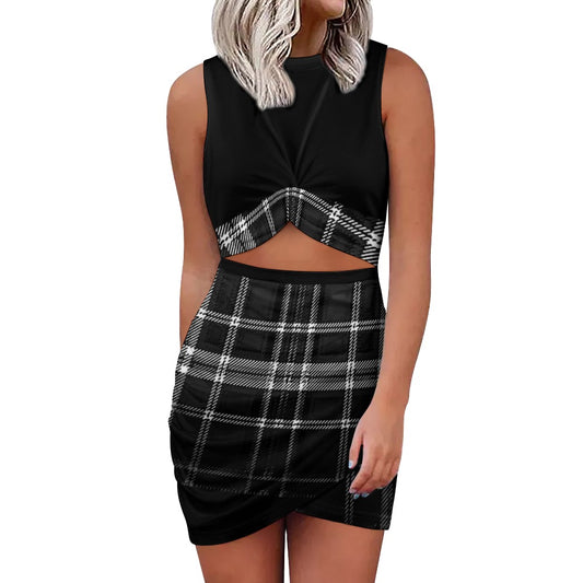 TRP Twisted Patterns 06: Digital Plaid 01-06A Navel-Baring Cross Fit Hip Wrap Mini Dress