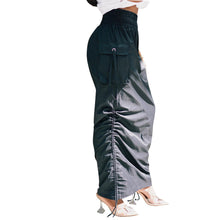 Cargar imagen en el visor de la galería, Black High Waist Drawstring Multipocket Midi Skirt