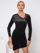 Load image into Gallery viewer, Velvet Black Scoop Neck Long Sleeve Asymmetrical Bodycon Mini Dress