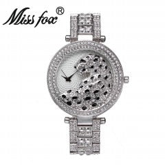 MISSFOX V227 Reloj de cuarzo con diamantes y cristales dorados y leopardo