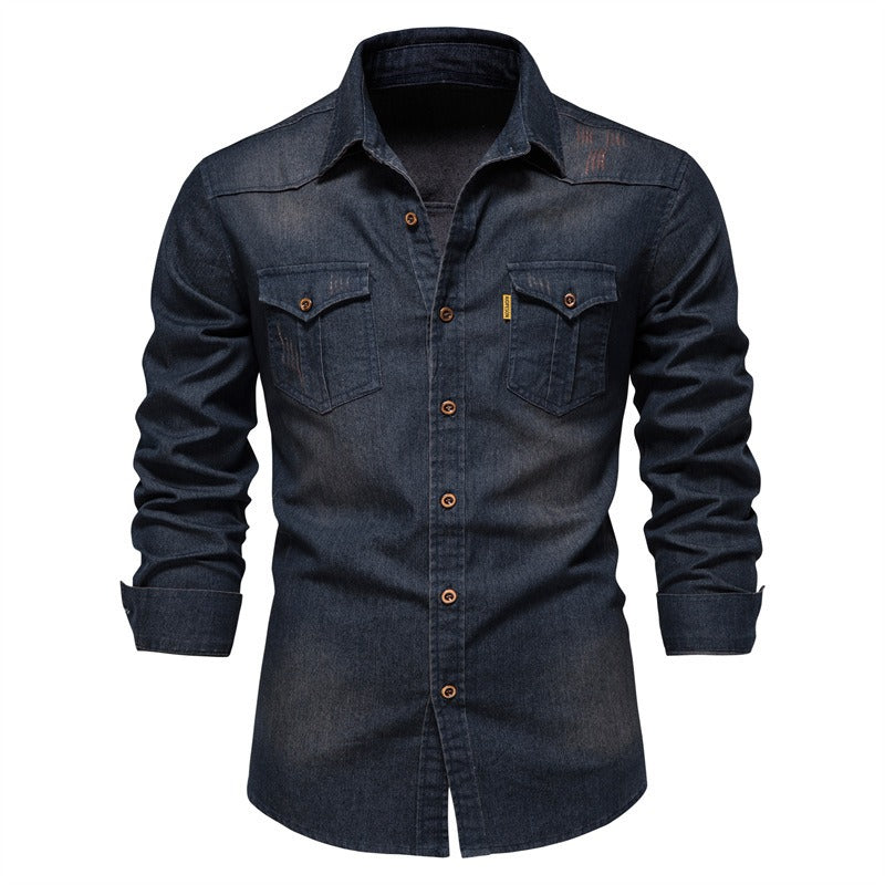 Solid Color Wrinkle Free Slim Fit Long Sleeve Male Denim Dress Shirt (Black/Navy Blue)