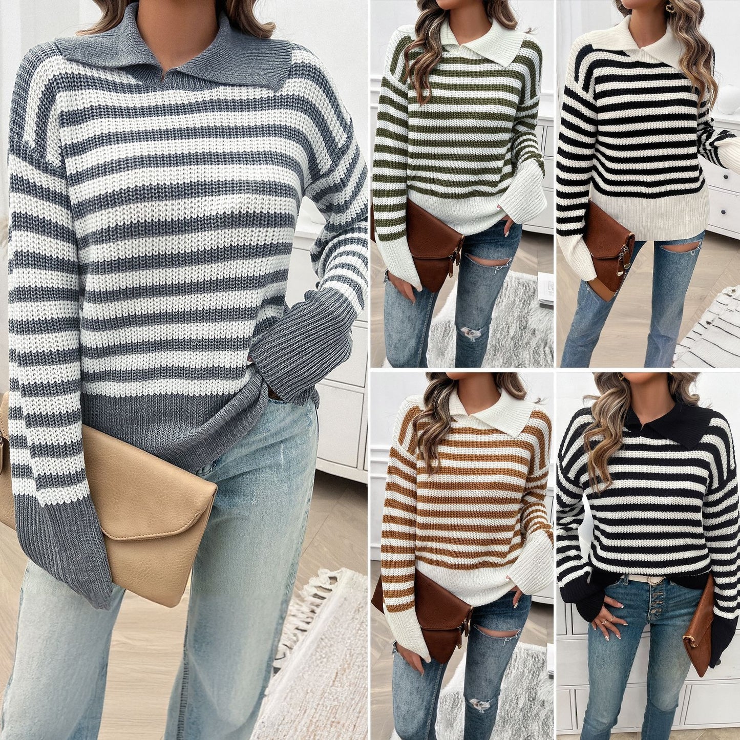 Striped Lapel Collar Sweater (5 colors)