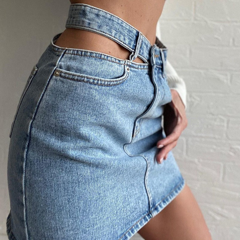 One-side Hollow High Waist Denim Hip Mini Skirt