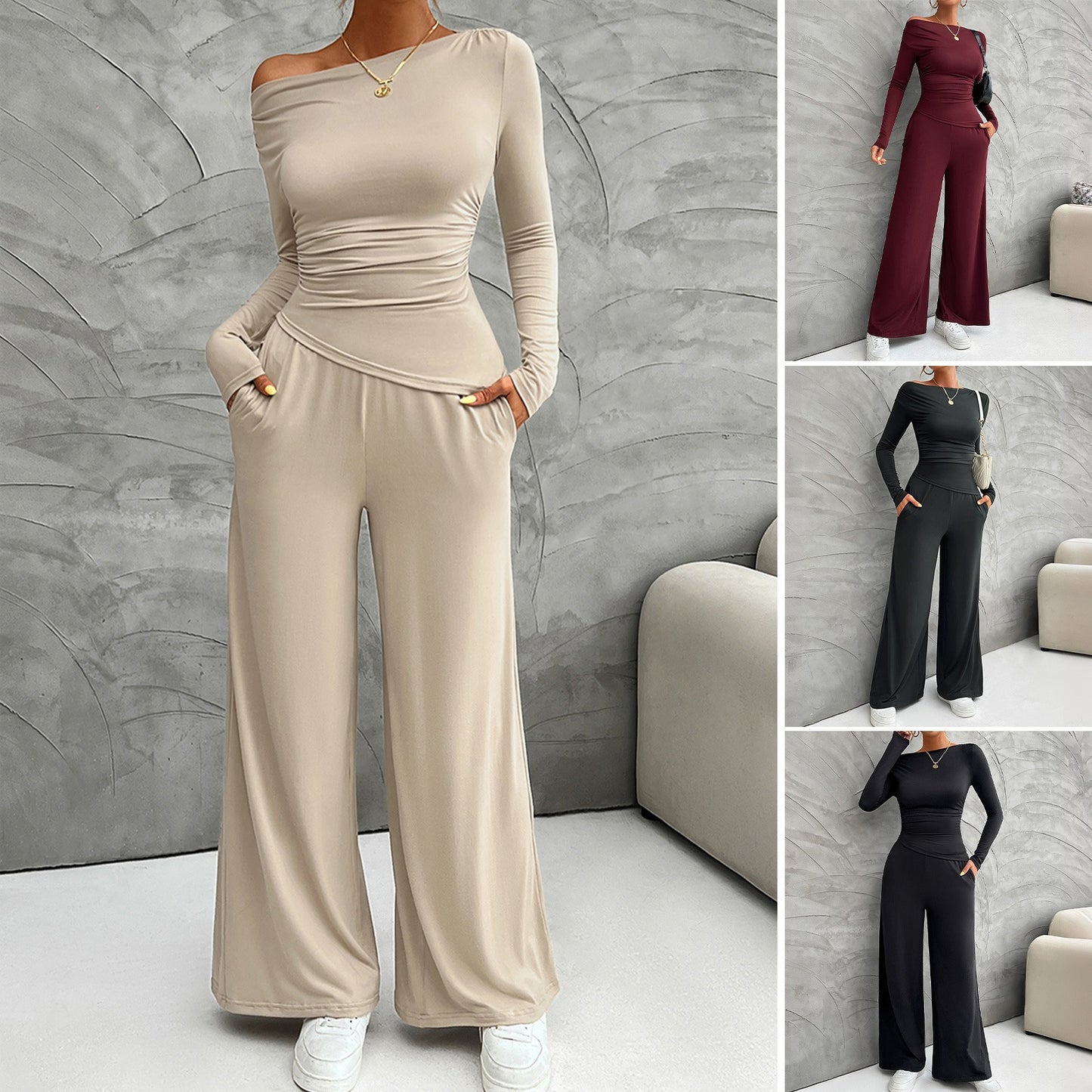 Slim Fit Long Sleeve Off Shoulder Top and Wide Leg Pants Two Piece Set (4 colors)