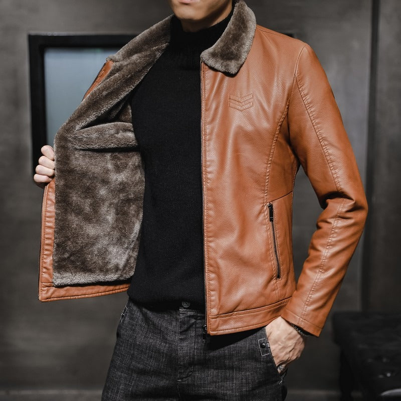 Men's Lapel Collar Plush Lined PU Leather Bomber Jacket (3 colors)