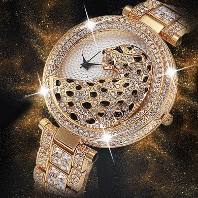 MISSFOX V227 Quartz Gold Crystal Diamond Leopard Watch