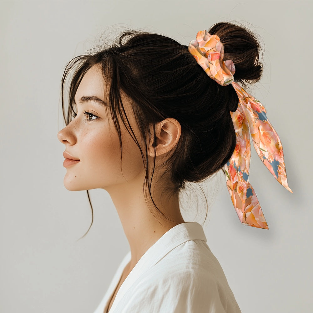Floral Embosses: Roses 03-01 "Apricot Bloom Essential" Satin Scarf Scrunchie
