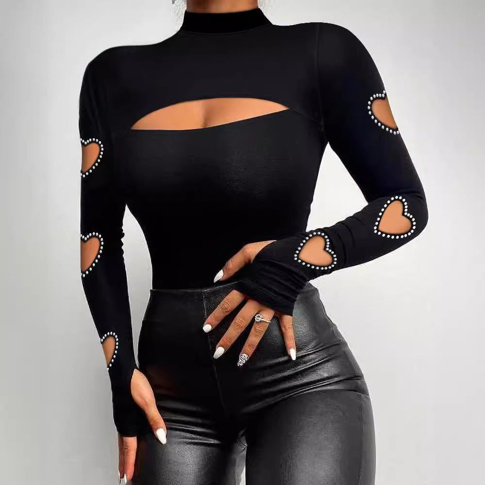 Solid Black Cut Out Heart Shape Long Sleeve Mock Neck T-shirt