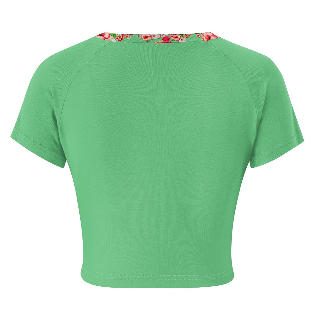 TRP Floral Print 03: Hibiscus Flowers 01-02 Tropical Bloom Fitted Crop Top, EmeraldGreen