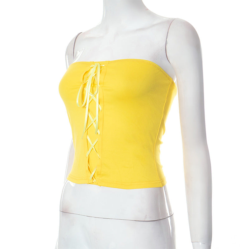 Yellow Slim Fit Lace Up Strapless Top