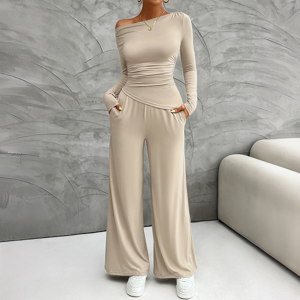 Slim Fit Long Sleeve Off Shoulder Top and Wide Leg Pants Two Piece Set (4 colors)