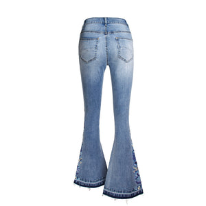 Light Blue Flared Embroidery Detail Women Denim Jeans