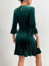 Load image into Gallery viewer, Velvet Blackish Green Round Neck Ruffle Trim Half Sleeve A-line Mini Dress