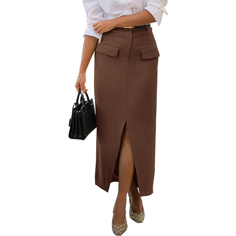 Solid Color Pocket Decor Split Maxi Skirt (7 colors)