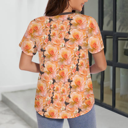 Floral Embosses: Roses 03 -02 "Sunset Rose Elegance" V-neck Button-down Shirt