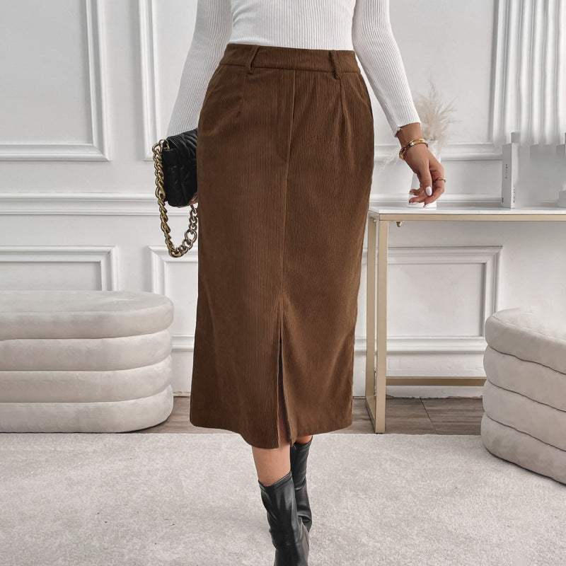 Coffee Brown Retro Temperament Split A-line Corduroy Midi Skirt