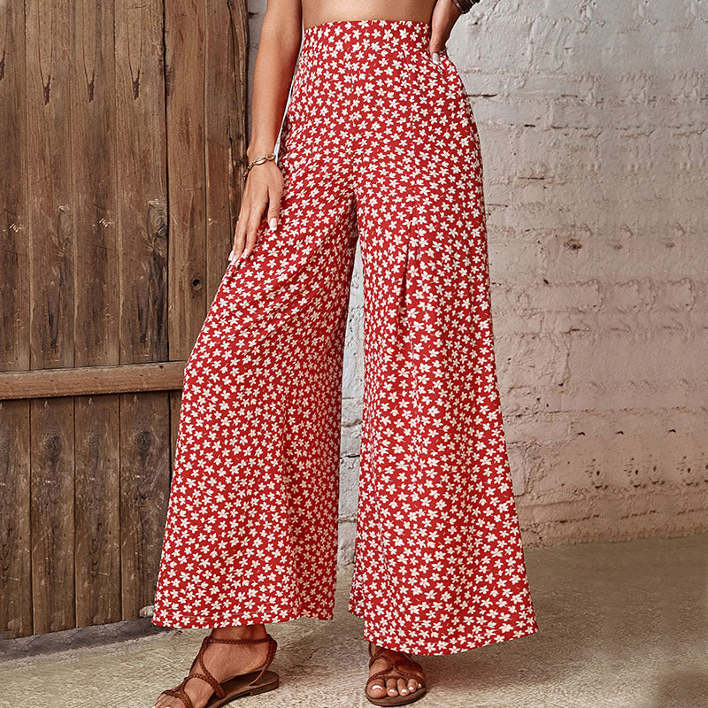 Red Floral Print Pleated Palazzo Pants