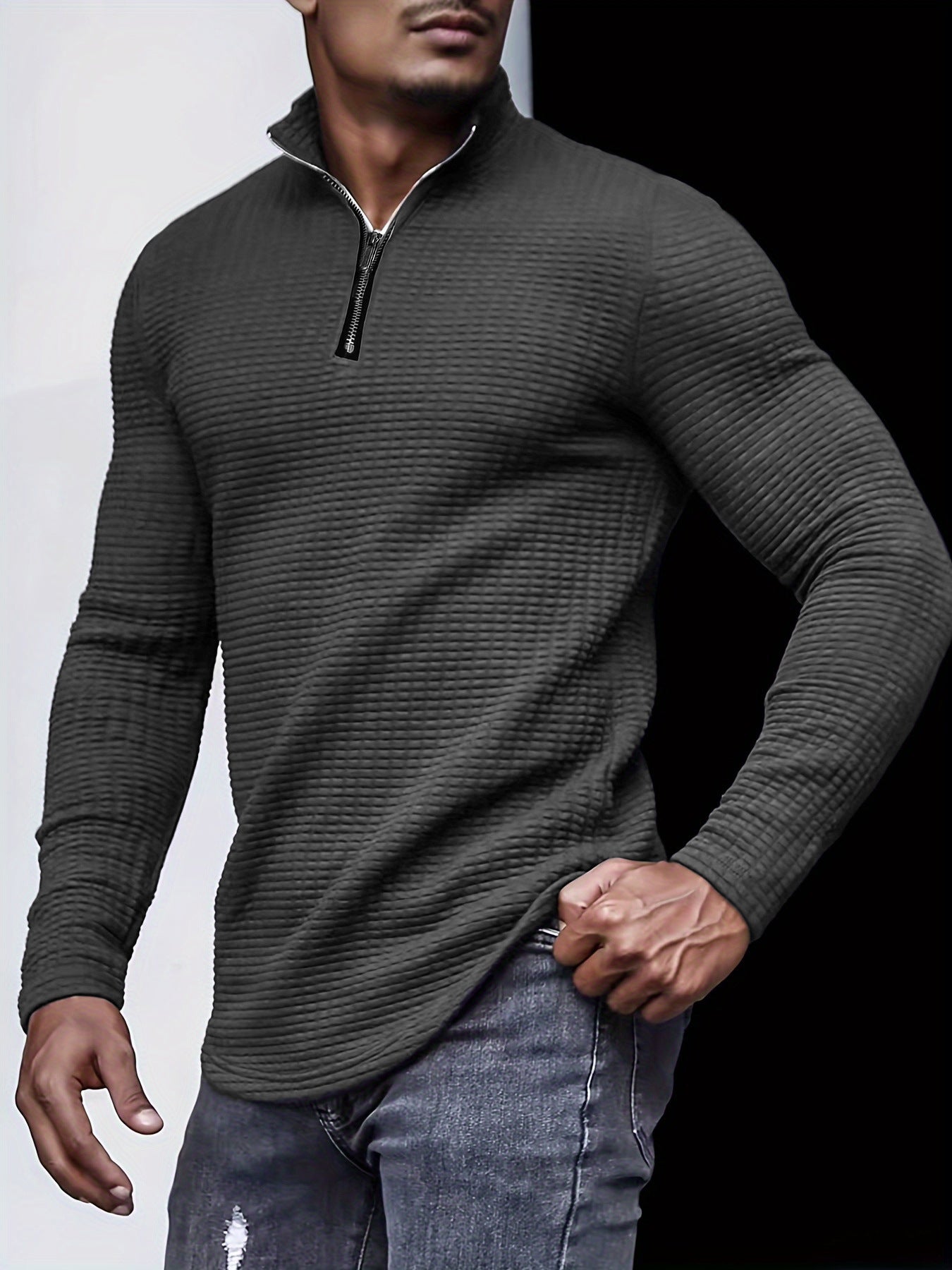 Men's Solid Color Stand Collar 1/4 Zip Waffle Knit Sweatshirt (4 colors)