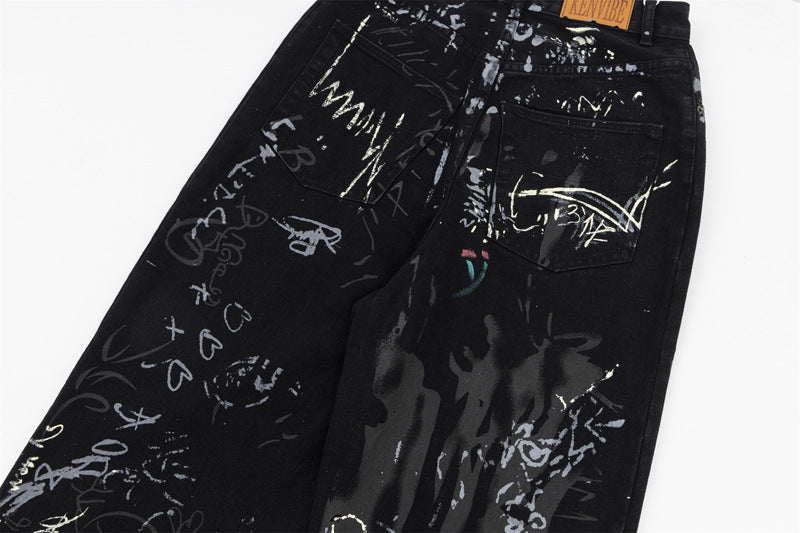 Jeans masculinos de pierna ancha con diseño de nicho callejero estampado