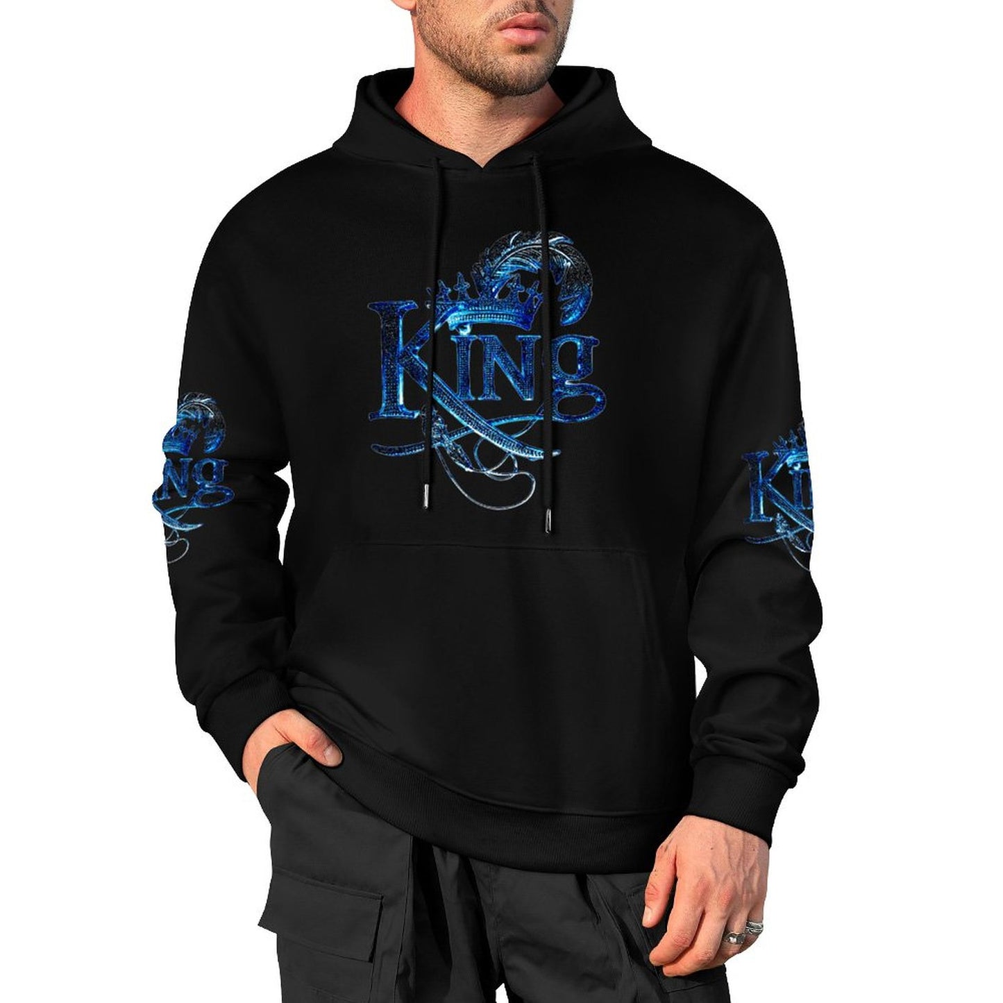 KING 02-01 Black Men's Designer Cotton Pullover Hoodie (Black/White)