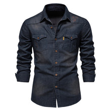 Cargar imagen en el visor de la galería, Solid Color Wrinkle Free Slim Fit Long Sleeve Male Denim Dress Shirt (Black/Navy Blue)