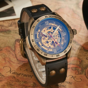 Hollow Out Antique Mechanical 30m Waterproof Male Watch with Leather Band (11 colors)