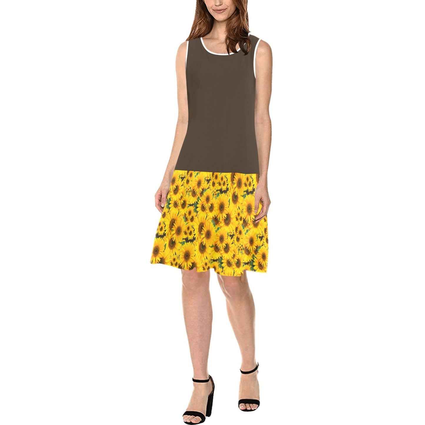 TRP Floral Print 04: Sunflowers 01 Designer Sleeveless Splicing Shift Dress (5 colors)
