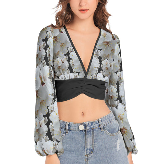 TRP Floral Print 01-01 Designer Deep V-neck Lantern Sleeve Crop Top