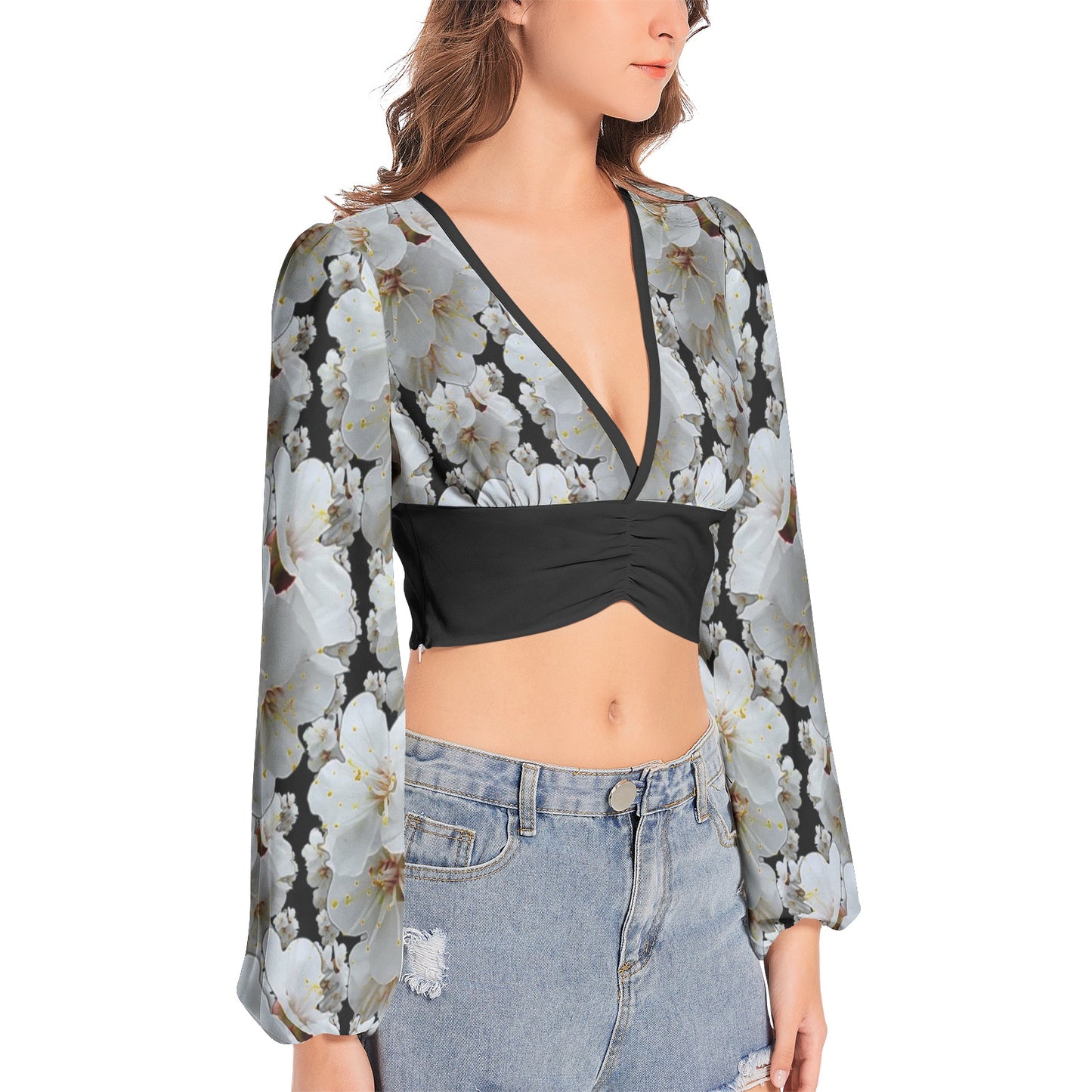 TRP Floral Print 01-01 Designer Deep V-neck Lantern Sleeve Crop Top