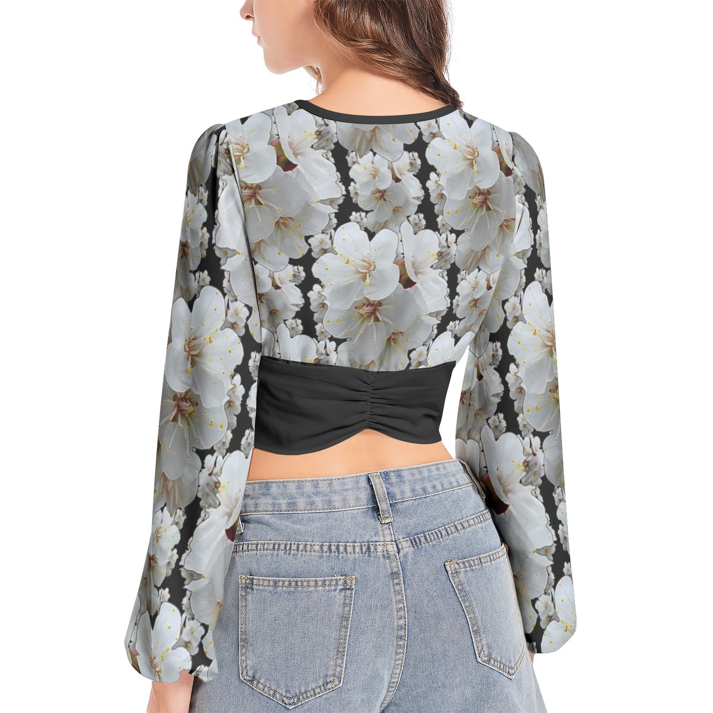 TRP Floral Print 01-01 Designer Deep V-neck Lantern Sleeve Crop Top