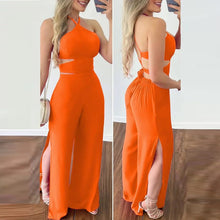 Load image into Gallery viewer, Hollowed Out Halter Neck Slim Fit Open Back Jumpsuit (Orange/Rose Red)