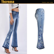 Load image into Gallery viewer, Light Blue Flared Embroidery Detail Women Denim Jeans