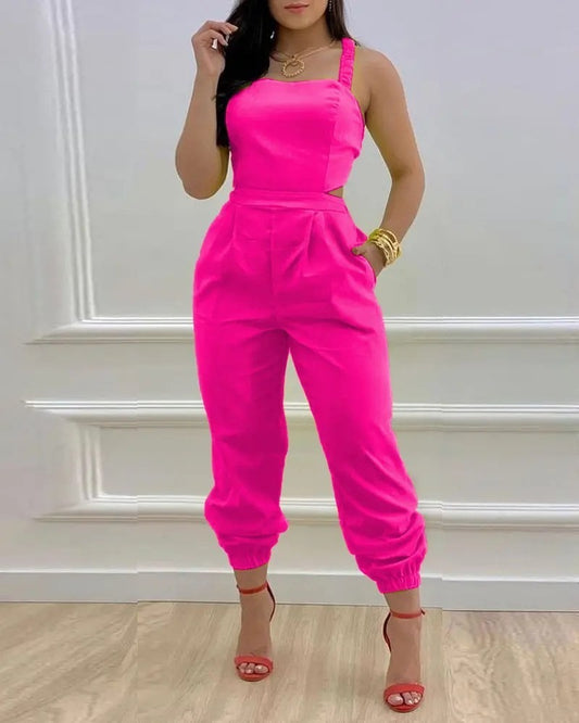 Solid Color/Printed Cross Lace Up Open Back Cropped Jumpsuit (6 Styles)