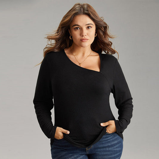 Solid Black Diagonal Collar Off Shoulder Knitted Long Sleeve T-shirt