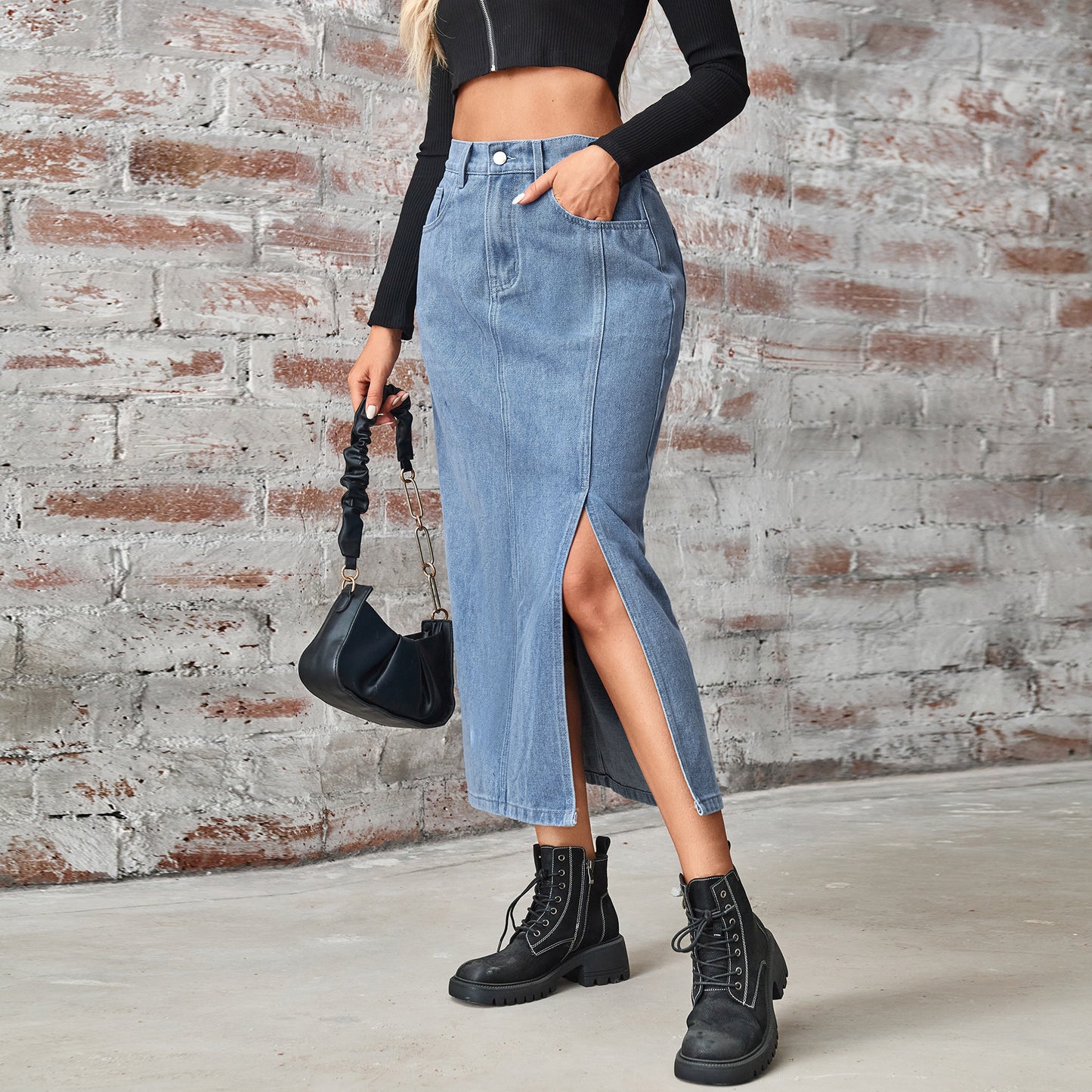 Washed Elastic High Waist Denim A-line Split Maxi Skirt