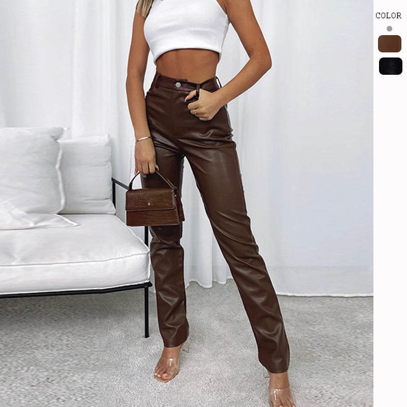 High Waist PU Leather Pants (Dark Brown/Black)