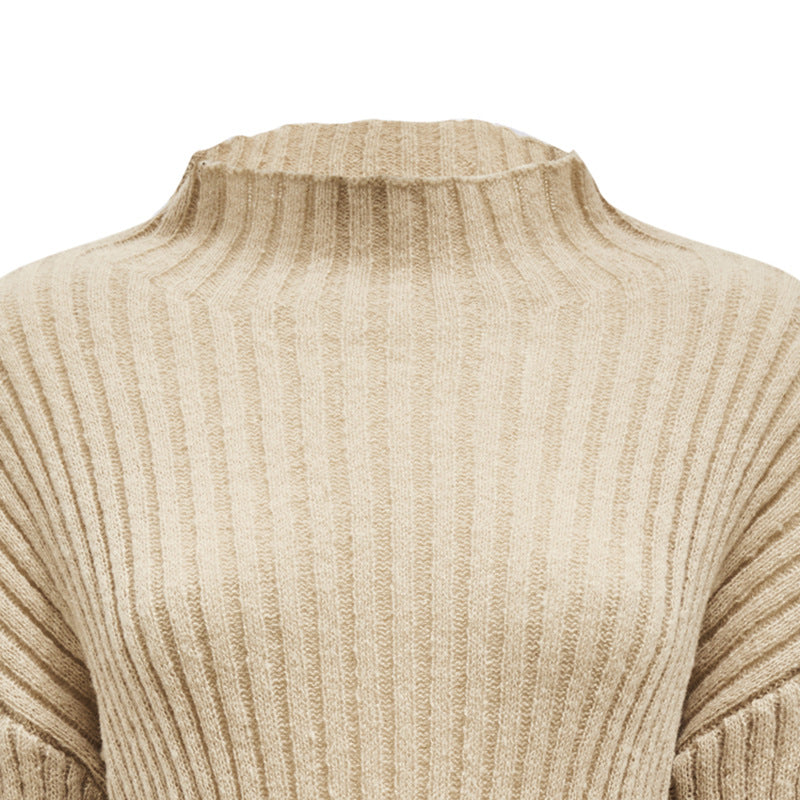 Beige Mock Neck Knit Women's Sweater