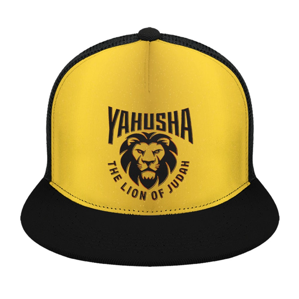 Yahusha-The Lion of Judah 02-02 Designer Flat Brim Trucker Cap with Black Mesh